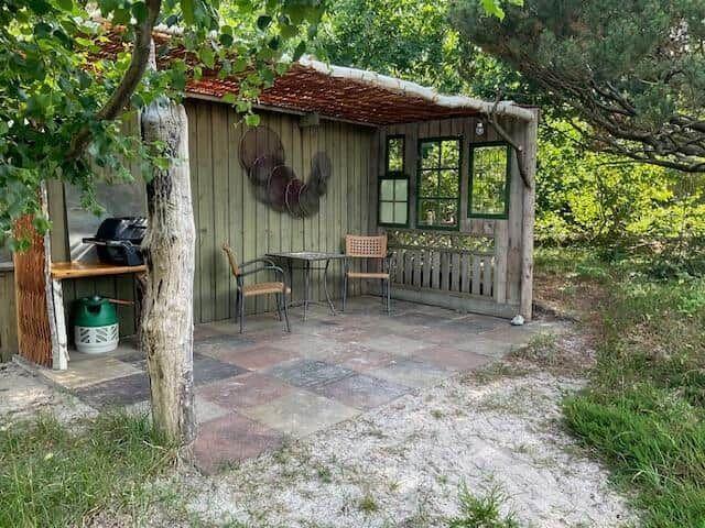 Patio with table, chairs, and grill under trees.