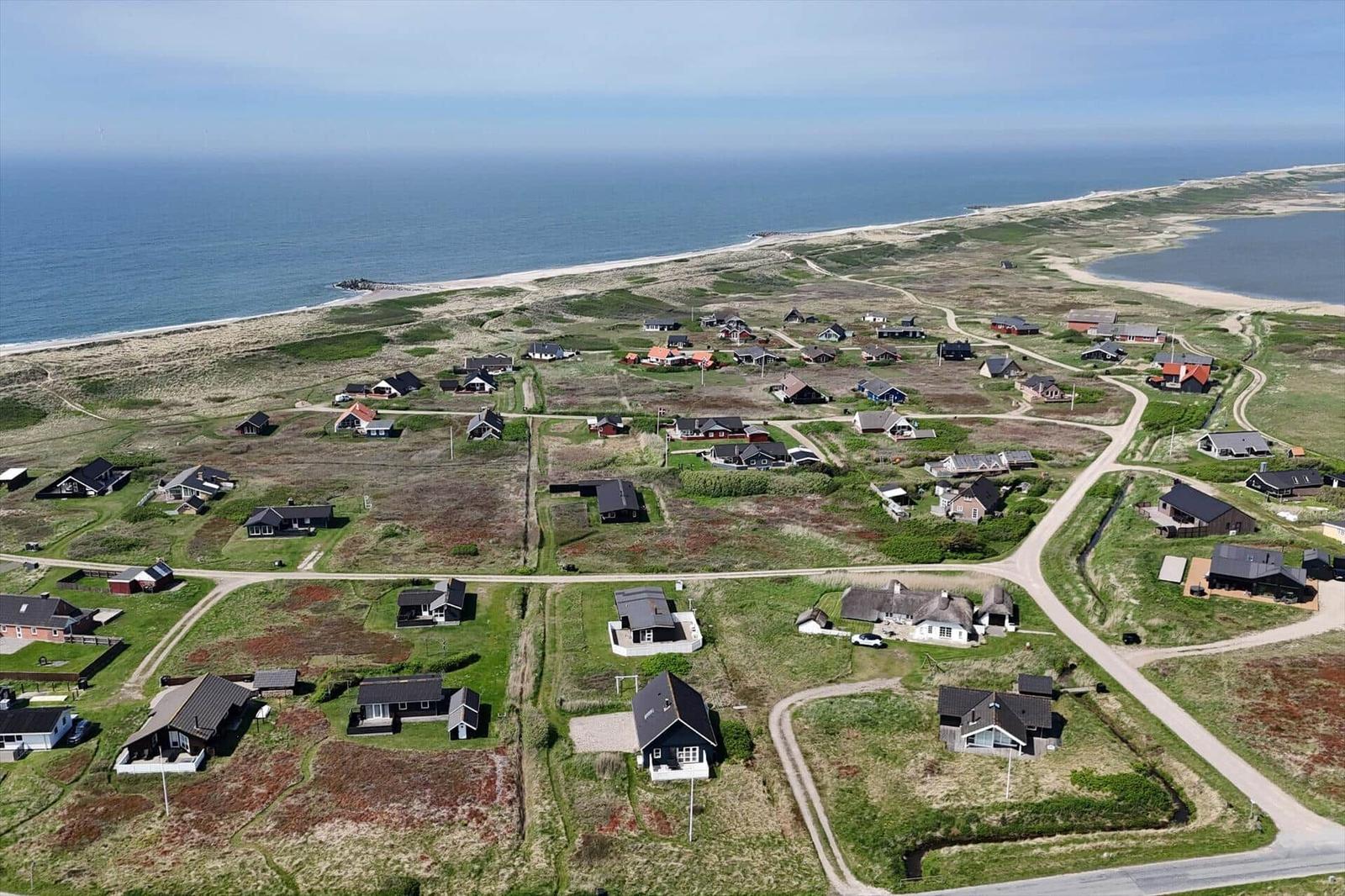 Aerial view of coastal village with houses, paths, and ocean shoreline.