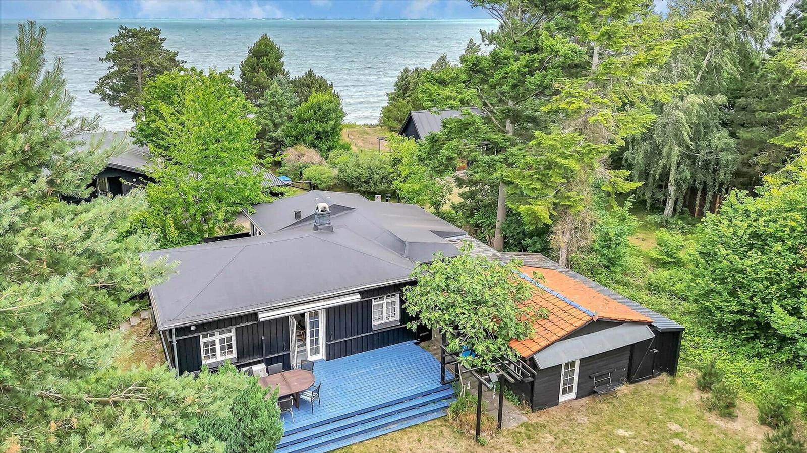 Black house with blue terrace and red roof among trees by the sea.