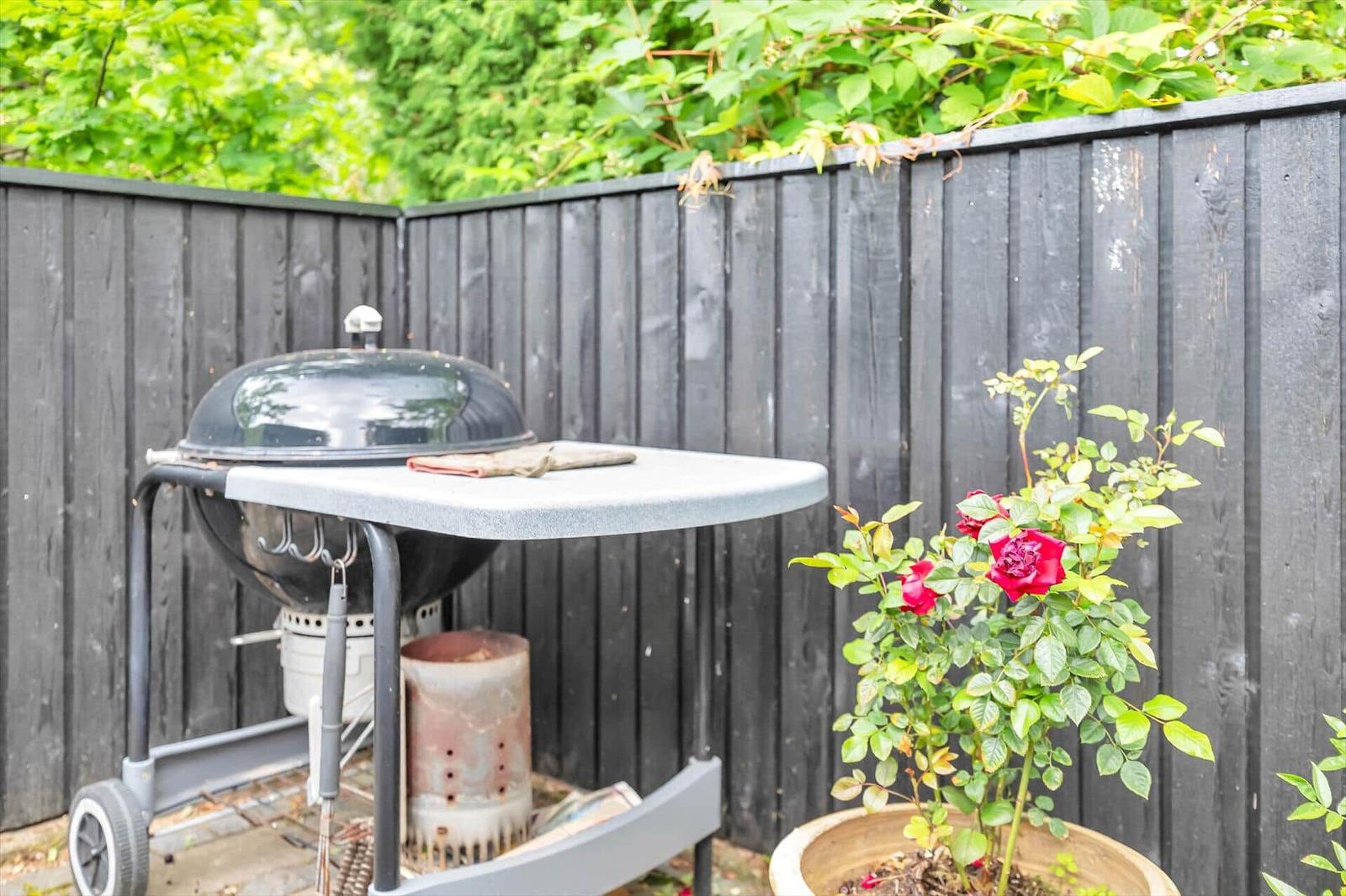 Outdoor area with grill and potted plant against dark wooden fence.