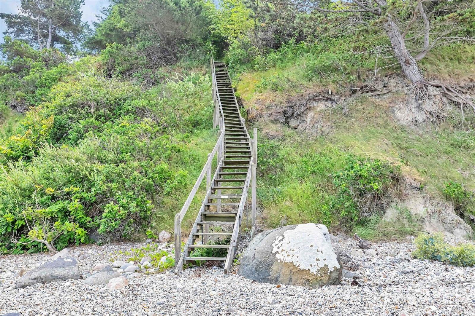 Wooden staircase leads uphill, surrounded by grass and trees.