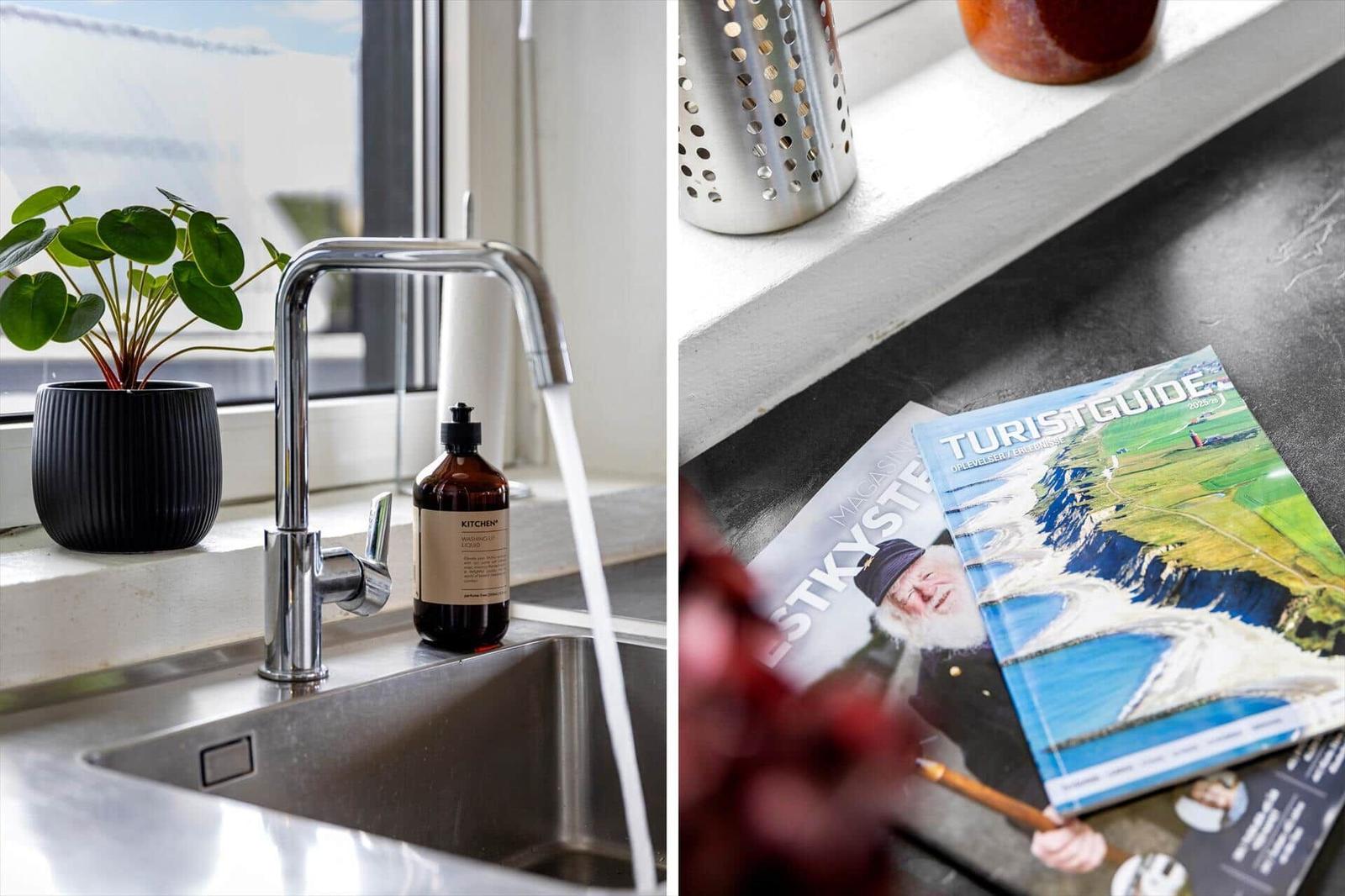 Kitchen faucet with running water, plant, and soap. Tourist guide on work surface.