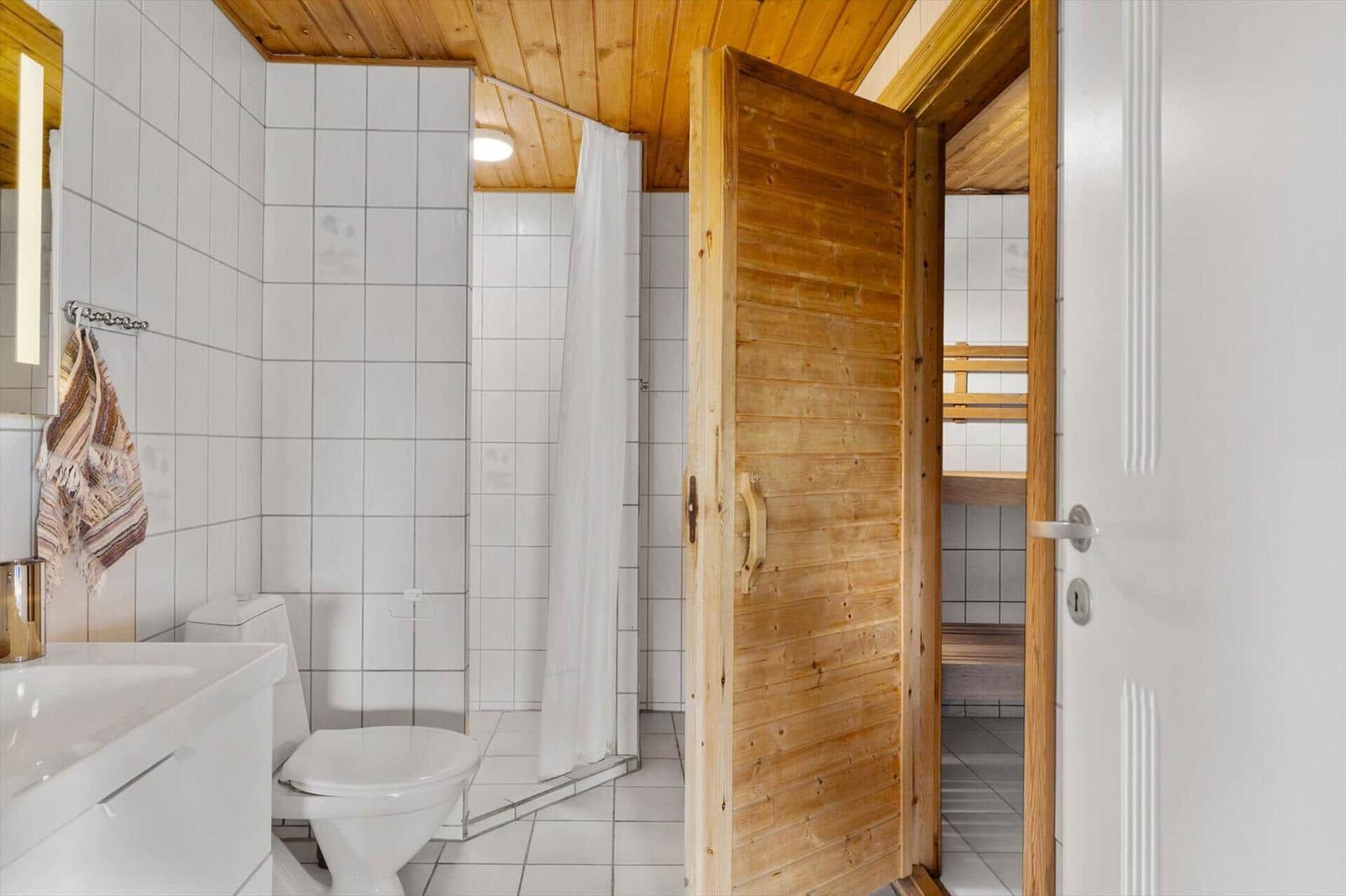 Bathroom with shower, toilet, and wooden door to sauna.