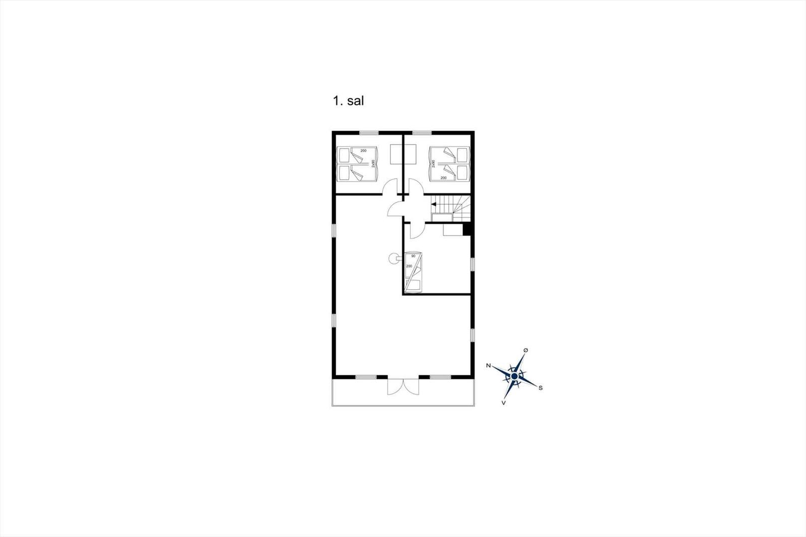 Ground floor plan with three bedrooms, bathroom, and staircase to upper level.