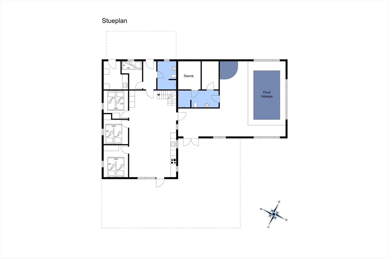 Floor plan shows sauna, pool, bedrooms with bathroom and kitchen.