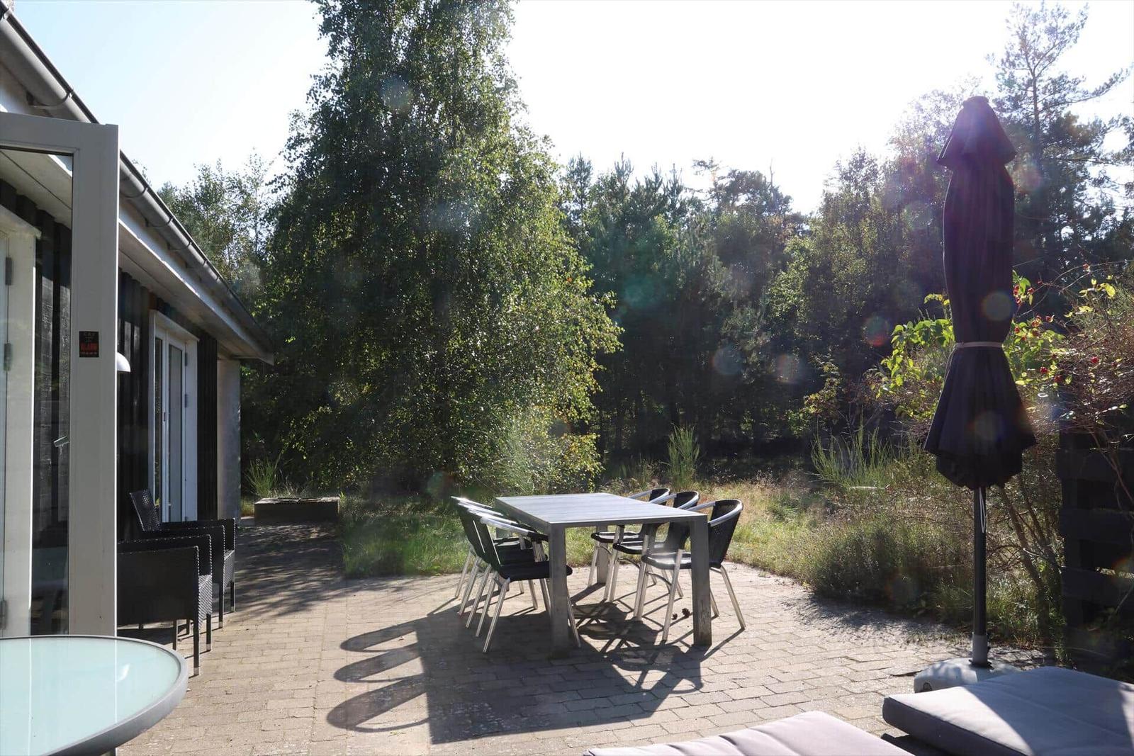 Terrasse mit Tisch, Stühlen und Sonnenschirm. Hintergrund: Wald. Links: Gebäude mit Glasfront.