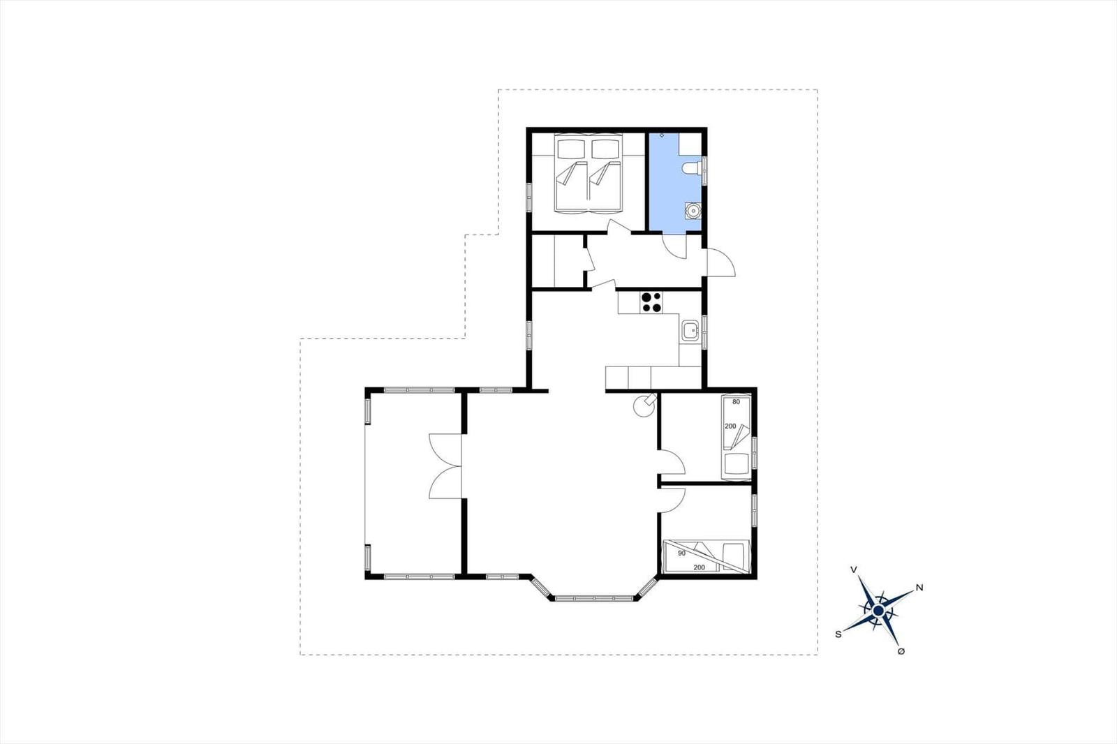 Funktionaler Grundriss mit Schlafzimmer, Küche und Bad. Raumlichkeiten klar strukturiert.