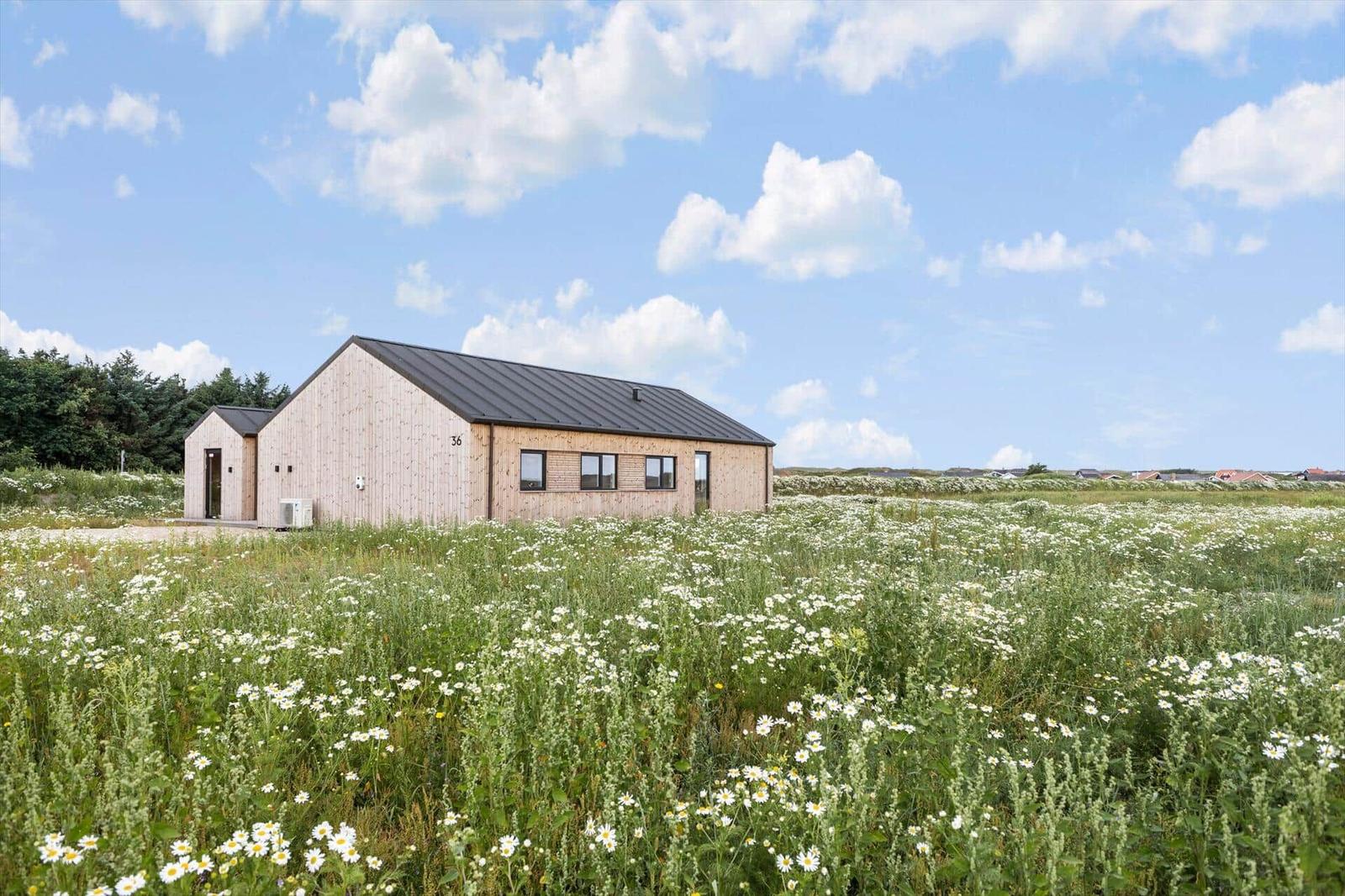 Moderne Holzhütte mit Dach in einem Feld voller Blumen unter blauem Himmel.