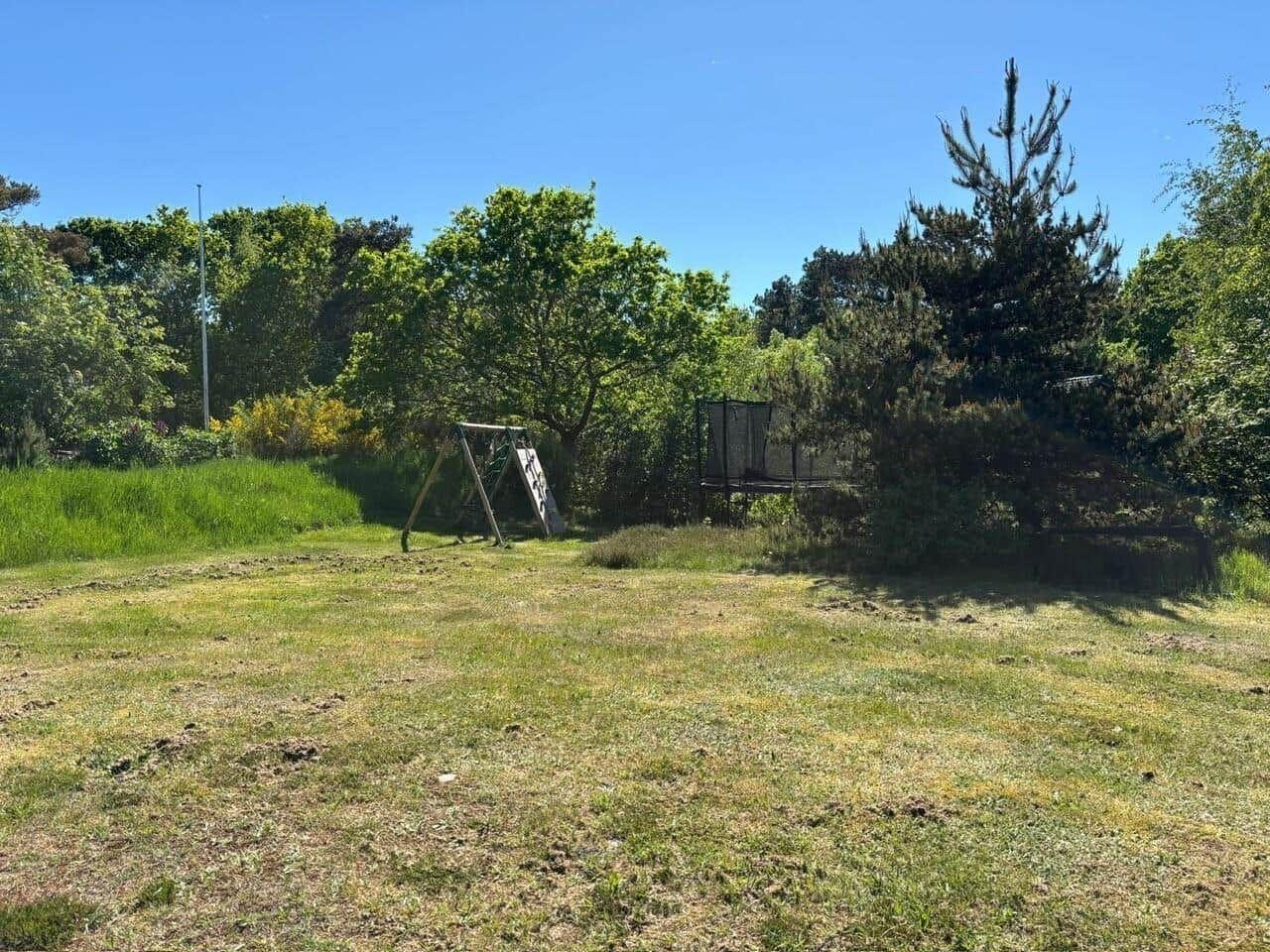 Grüner Garten mit Schaukel und Trampolin unter Bäumen.