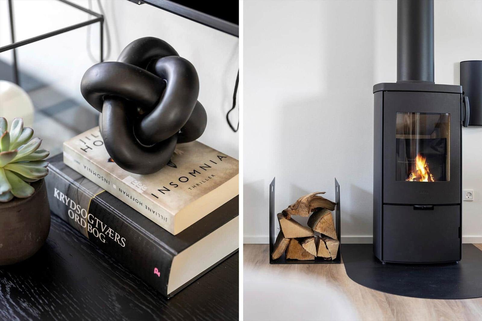 Schwarze Skulptur auf Büchern neben Pflanze. Kaminofen mit Holzstapel.