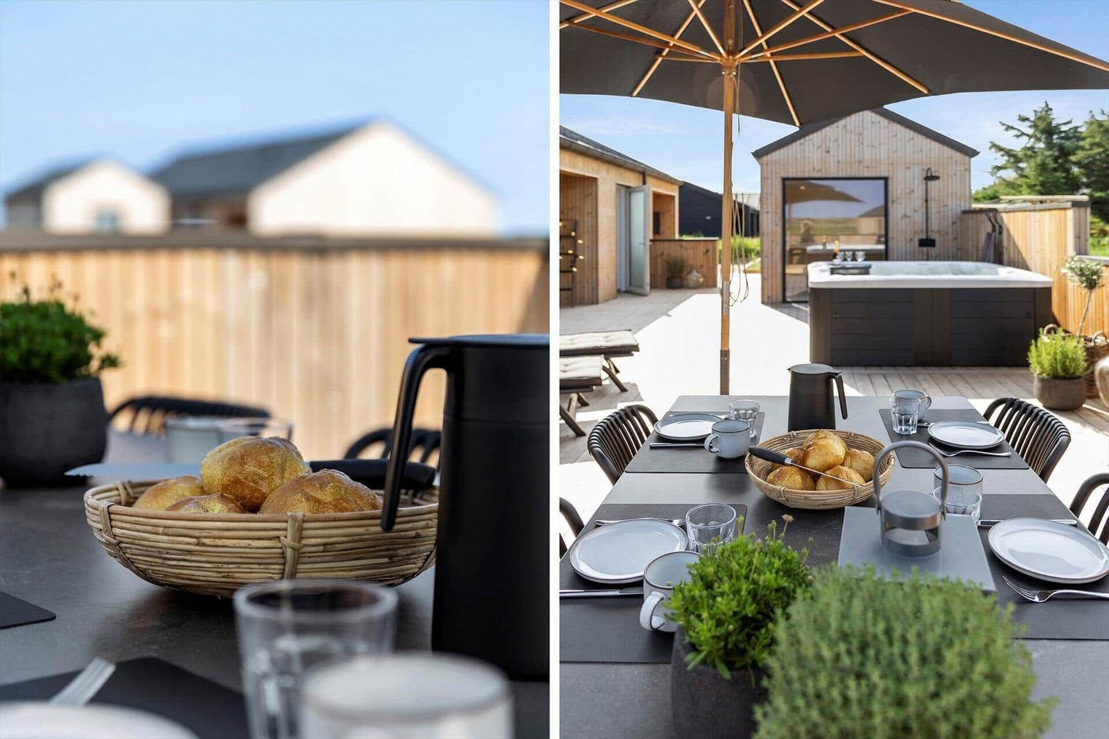 Gartenbereich mit gedecktem Tisch, Sonnenschutz und Whirlpool