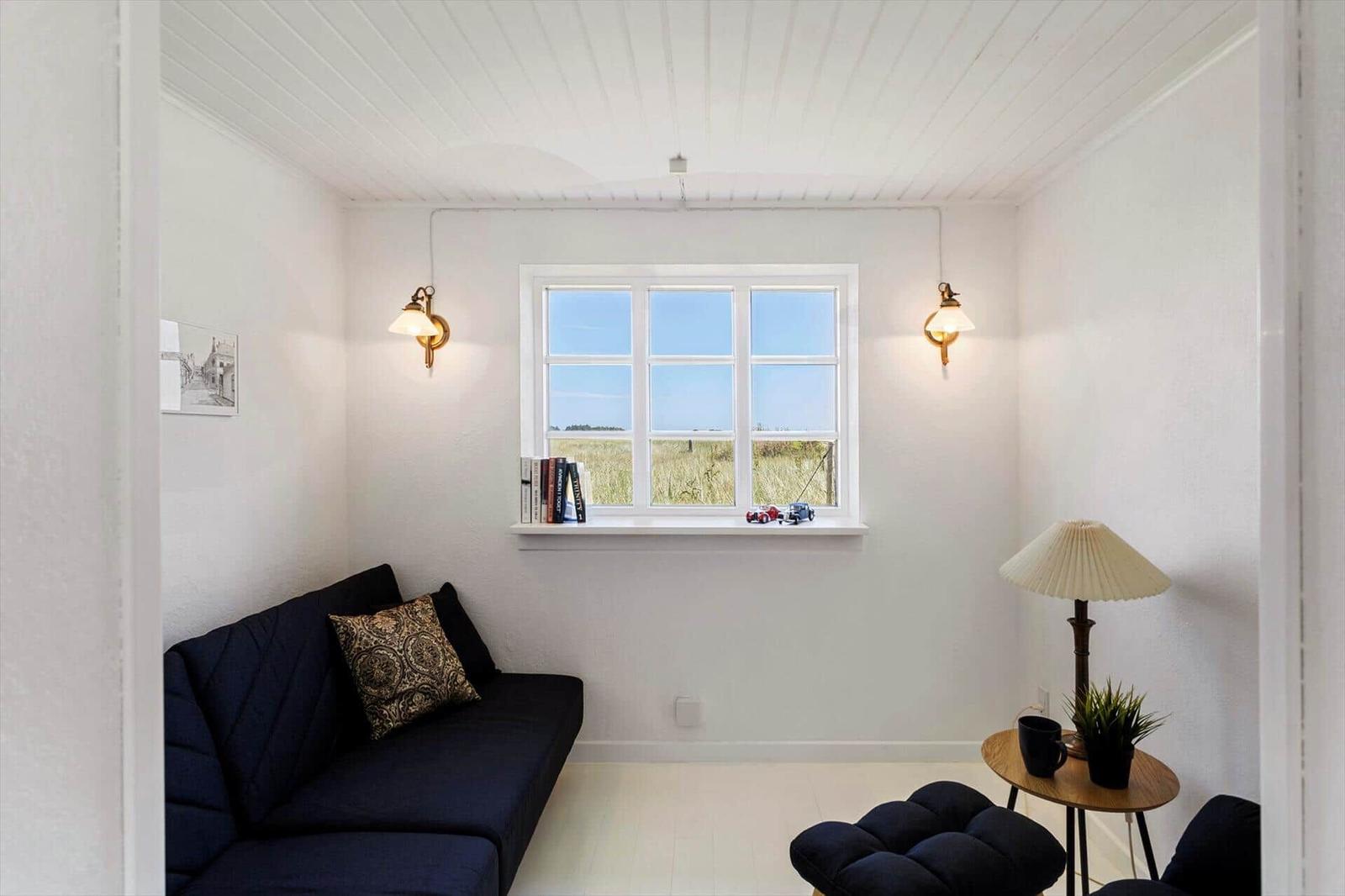 Ein Raum mit dunkelblauem Sofa, Fenster mit Blick auf Feld, Lampe und Pflanze auf Tisch.