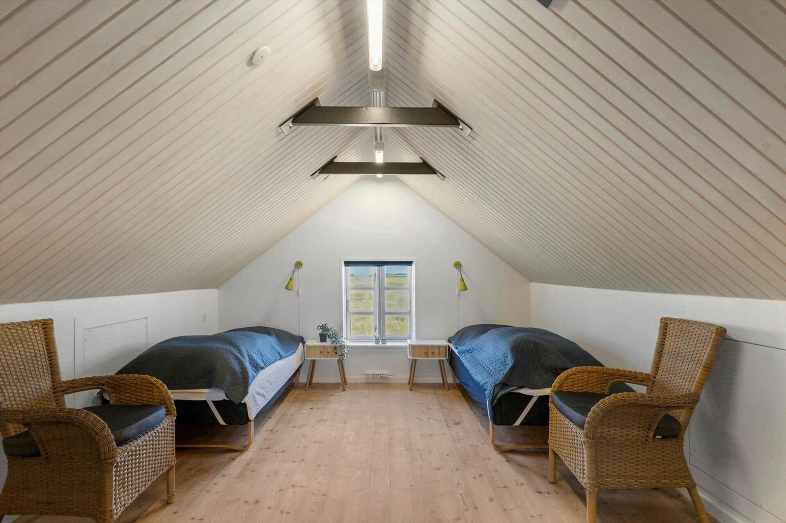 Zwei Betten mit blauen Decken, zwei Stühle, Fenster und Holzboden in einem Dachzimmer.