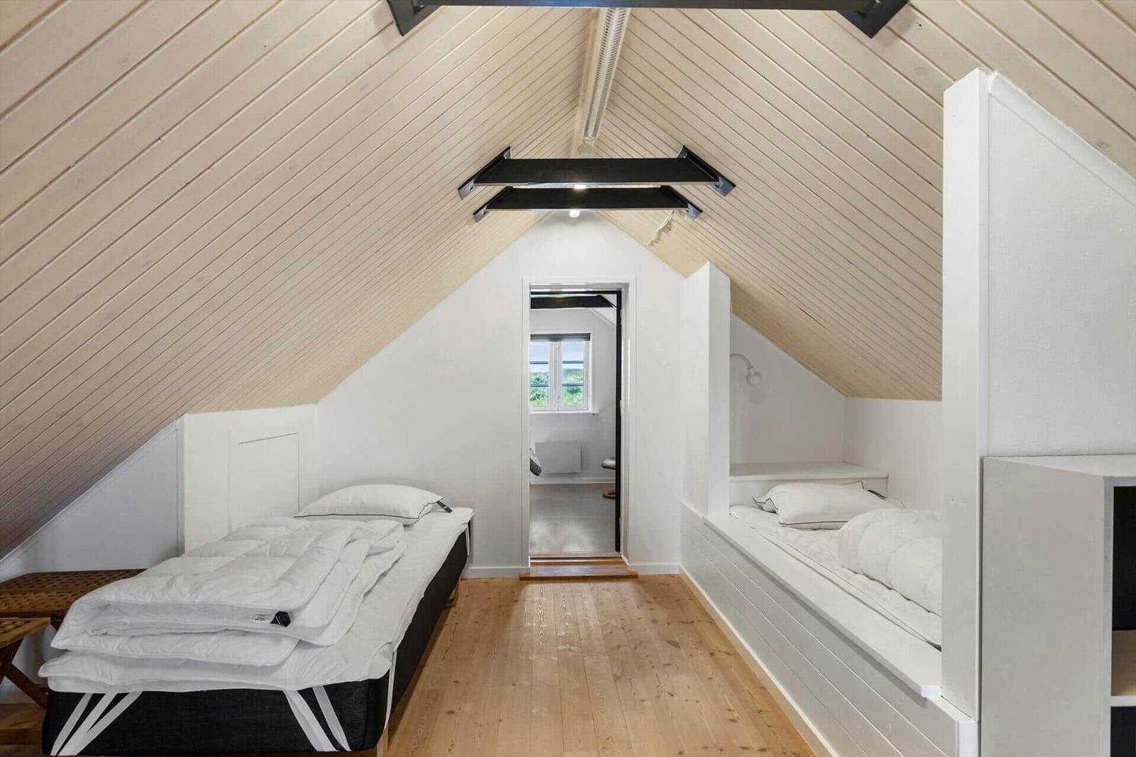 Zimmer mit zwei Betten unter Holzdach, Holzboden und Tür zum Flur.