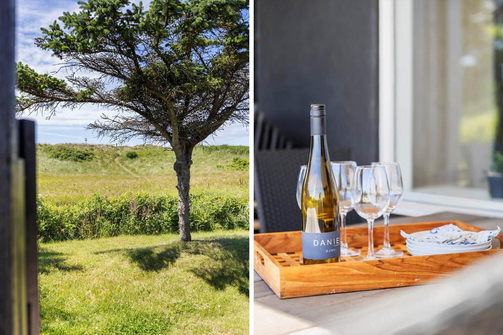 Ein Blick auf einen Baum im Gras und ein Tisch mit Wein und Gläsern.