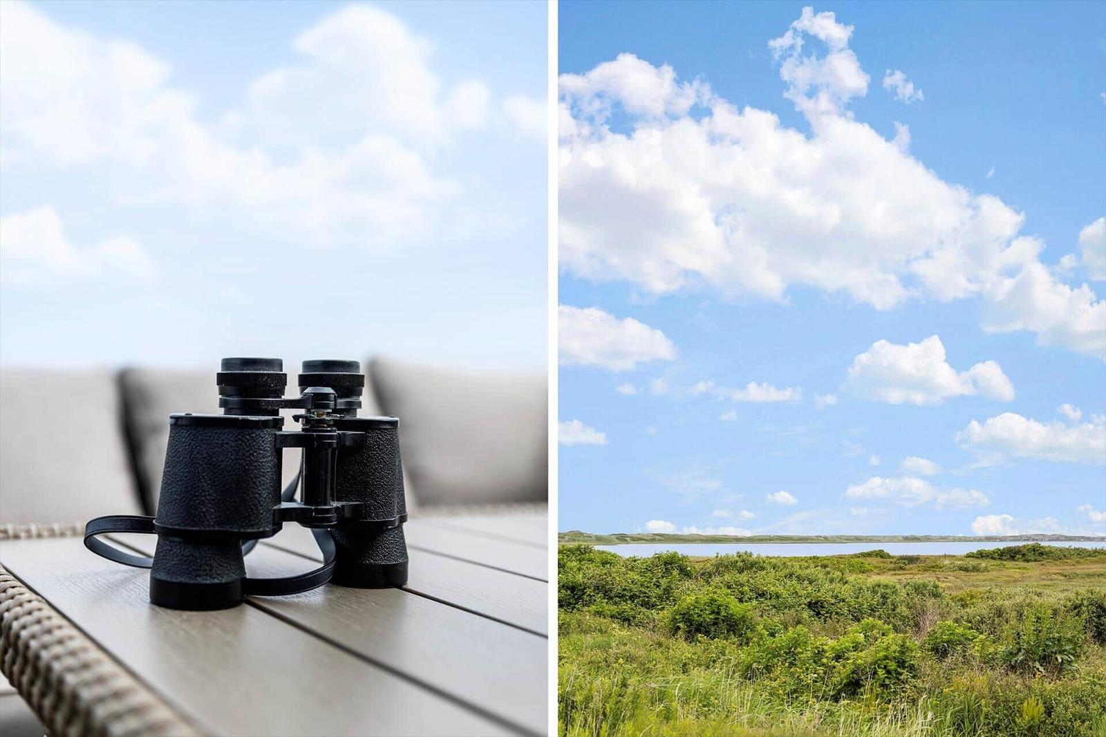 Zwei Bilder: Fernglas auf Tisch und Landschaft mit Gras und See unter blauem Himmel.