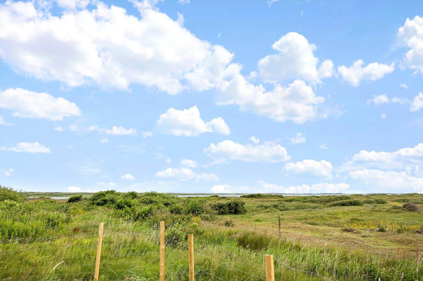 Weitläufiges Grasland mit Drahtzaun und Blick auf Wasser unter blauem Himmel mit weißen Wolken.