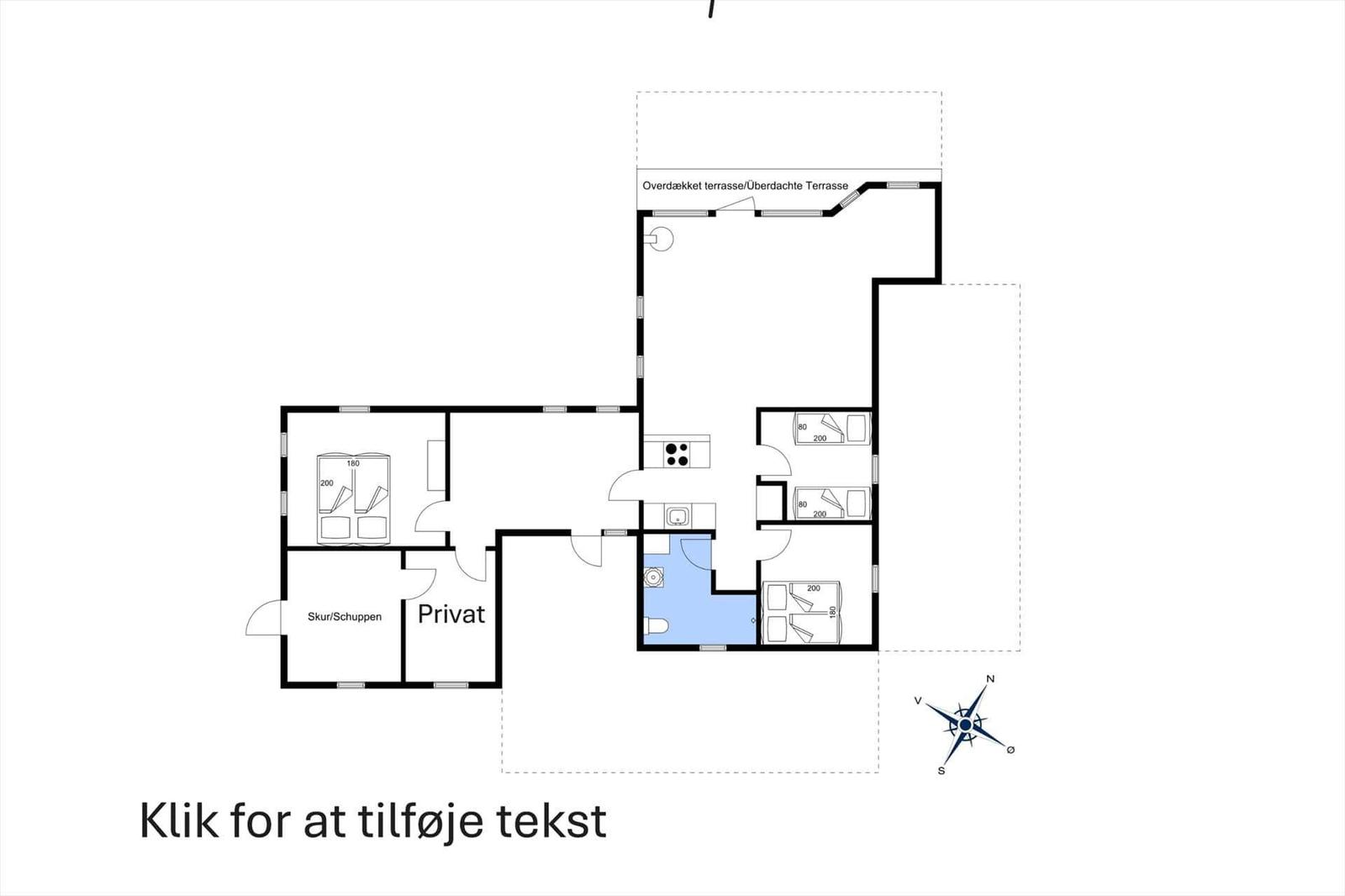 Übersicht über die Wohnung mit drei Schlafzimmern, Küche und überdachter Terrasse.