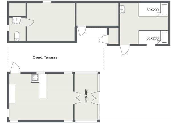 Two bedrooms, kitchen, bathroom, and covered terrace with view.