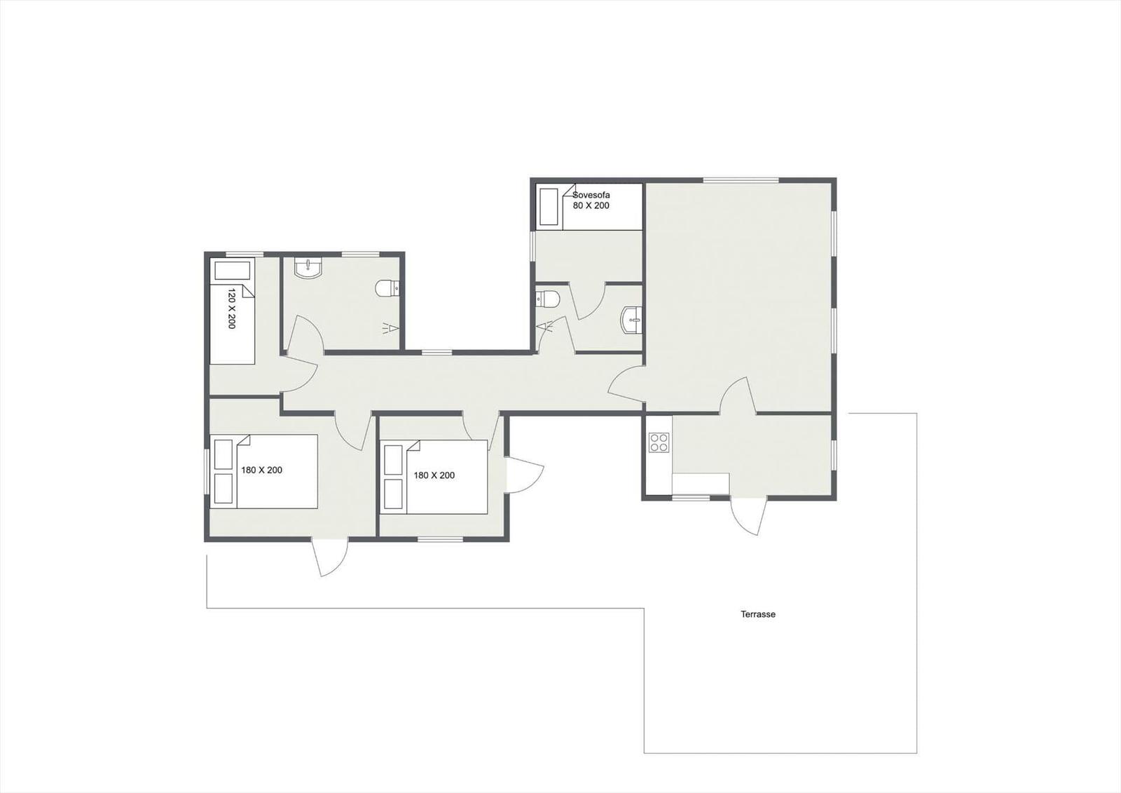Die Wohnung hat drei Schlafzimmer, eine Küche und eine Terrasse.