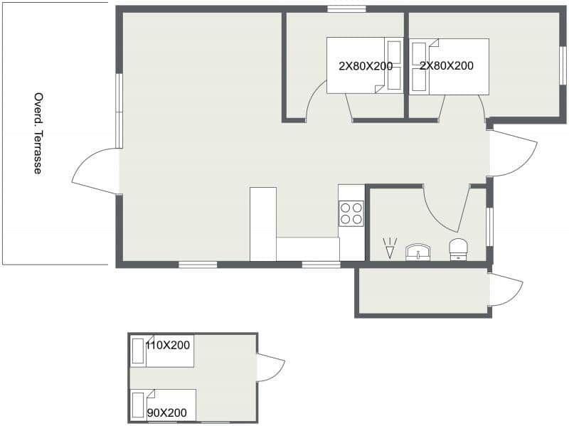Wohnung mit Küche, Bad, zwei Schlafzimmern und überdachter Terrasse.