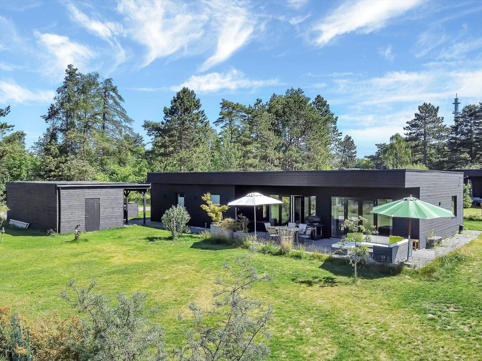 Modern villa with terrace, garden, and view of forest.