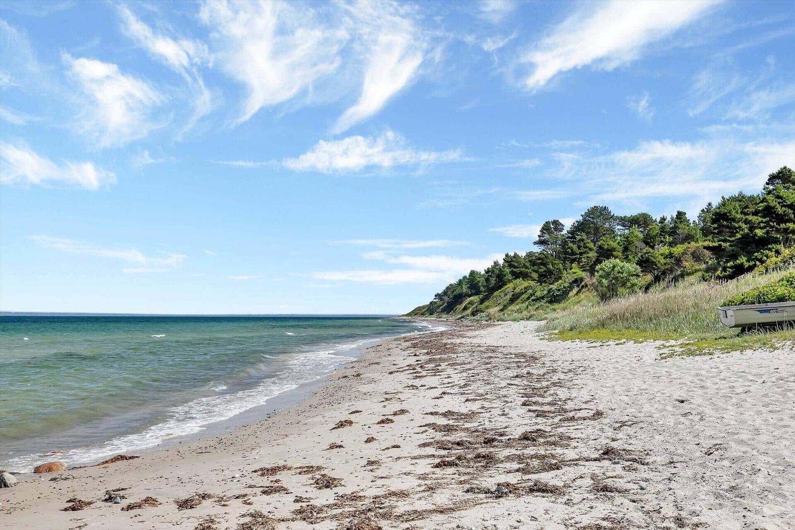 Beach with sand, waves, and green vegetation along the shore.