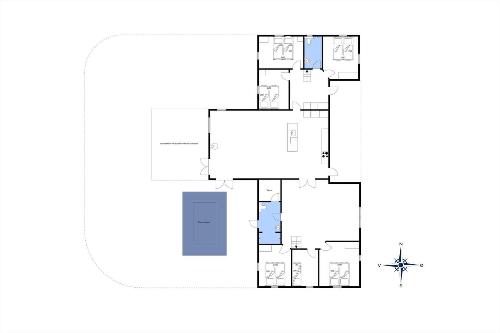 Geschossplan zeigt Wohnbereich, Schlafzimmer, Sauna und überdachte Terrasse.