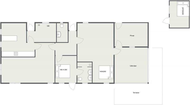 The apartment has two bedrooms, a kitchen, bathroom, and terrace.