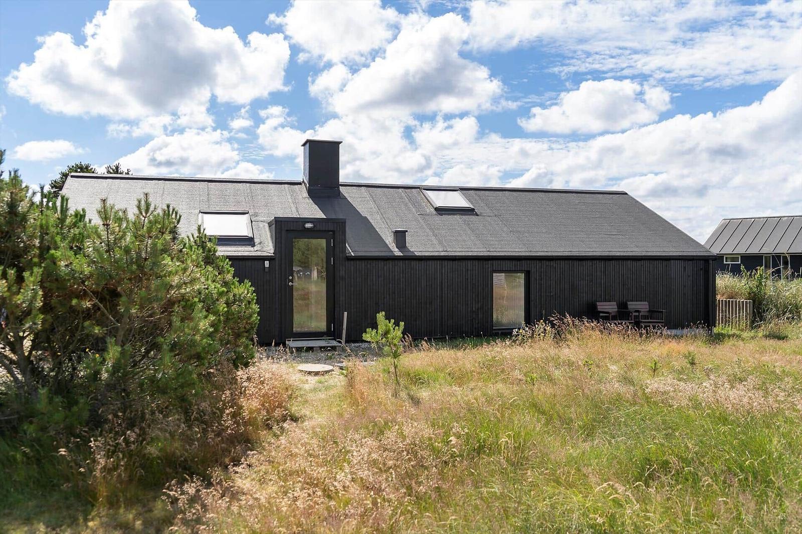Moderne schwarze Hütte mit Dachfenstern und Terrasse im Grasland.
