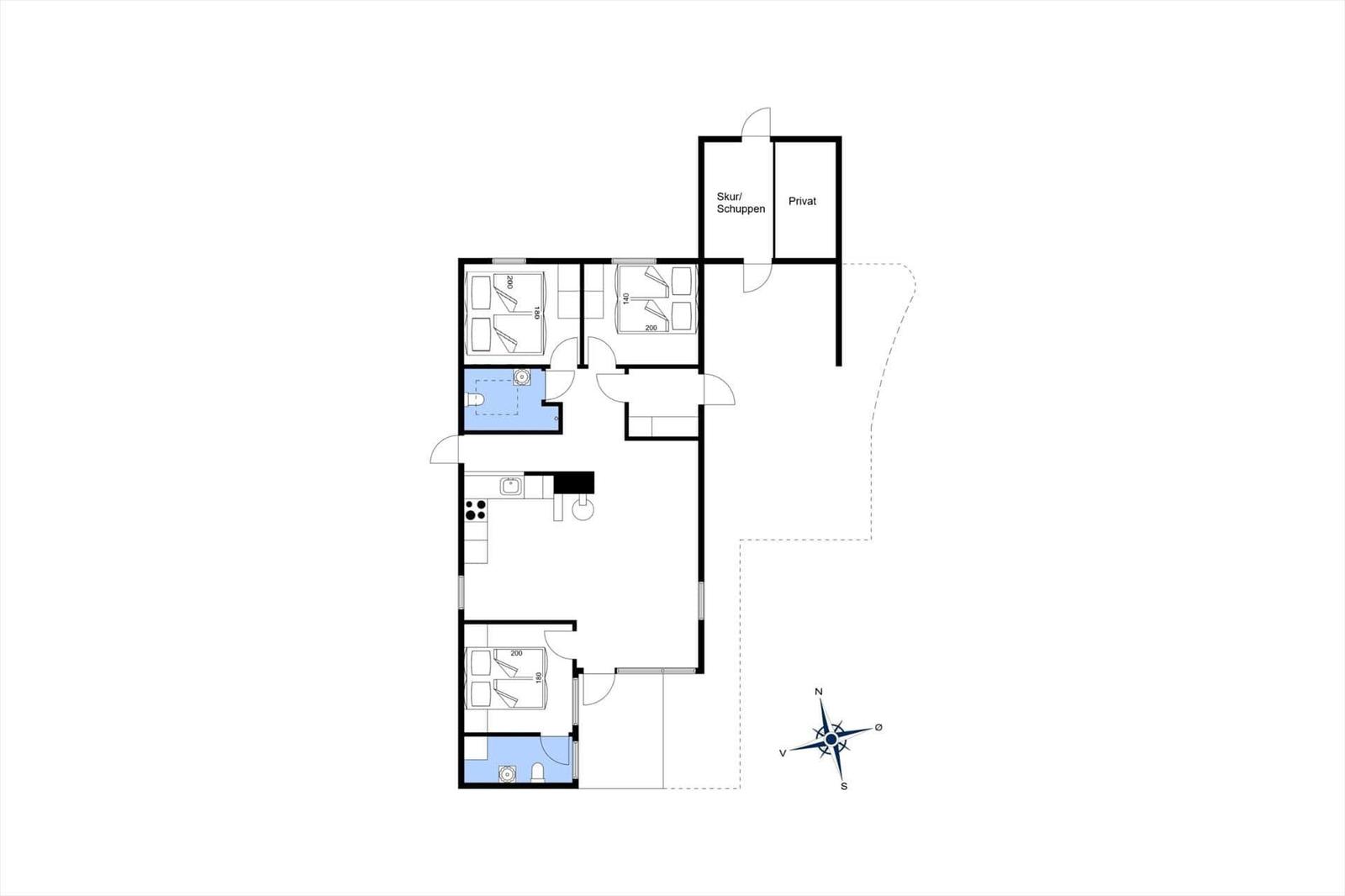 Funktionaler Grundriss mit drei Schlafzimmern, Küche und Bad. Privater Bereich und Schuppen vorhanden.