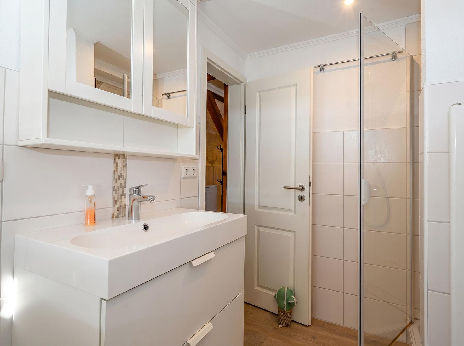 Badezimmer mit Waschbecken, Spiegelschrank und Duschkabine mit Glaswand.