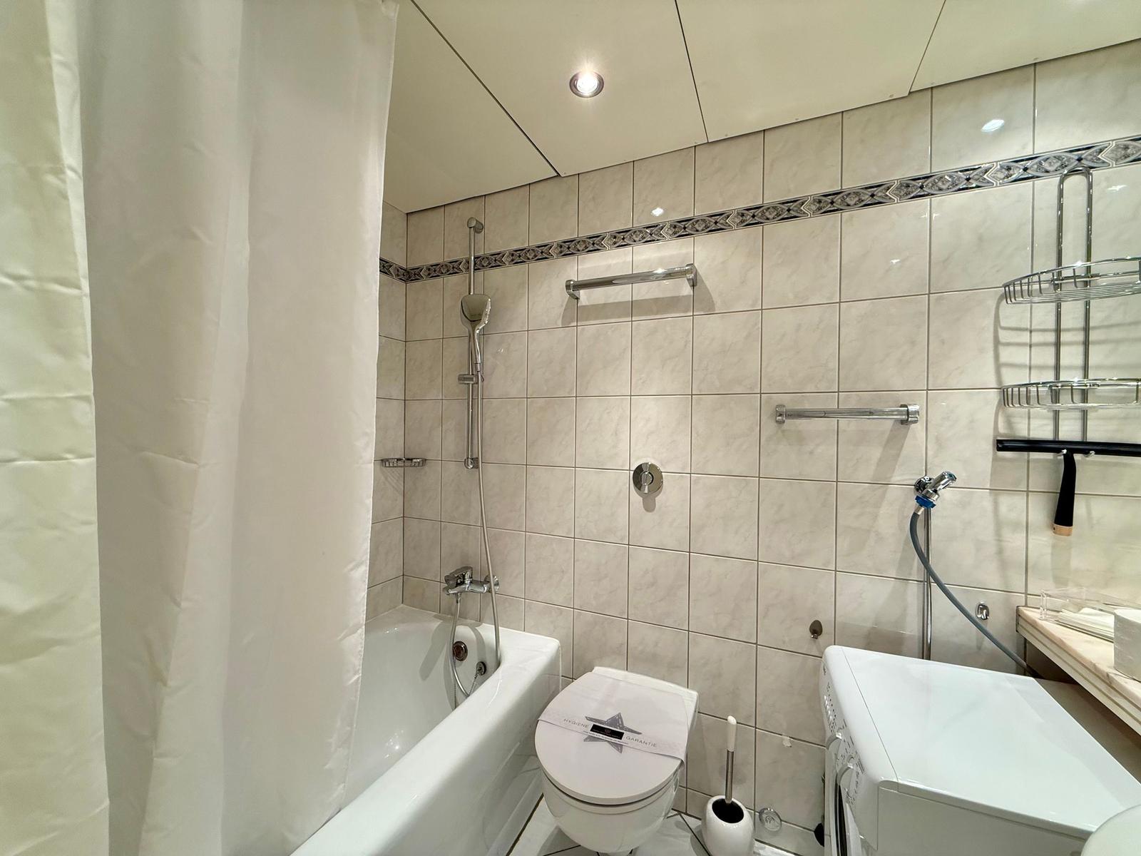 Bathroom with bathtub, shower, toilet, and washing machine.