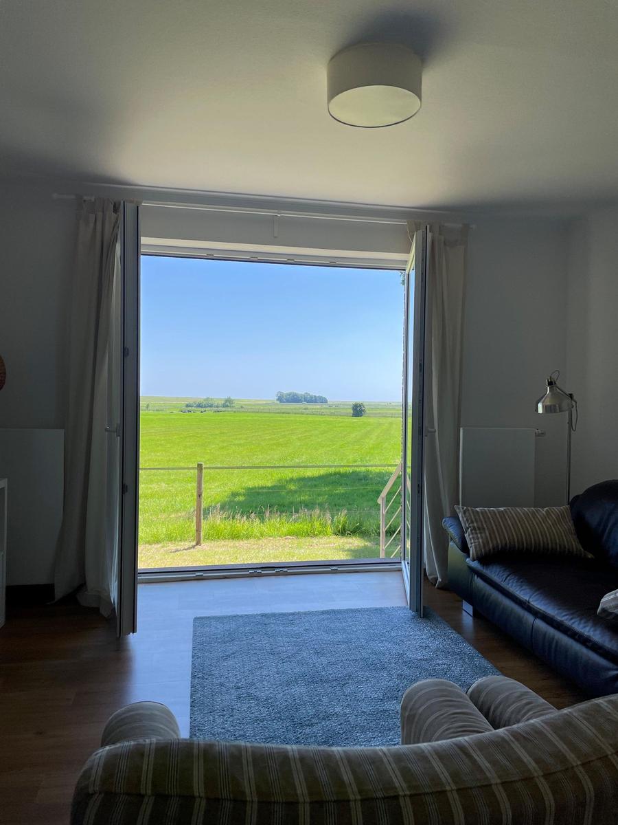 Ein Wohnzimmer mit Blick auf ein grünes Feld. Vor dem Fenster steht ein Sofa.