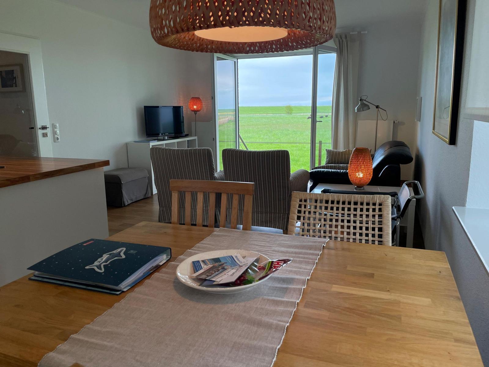 Essbereich mit Tisch und Stühlen, Blick auf grünes Feld durch Glastür