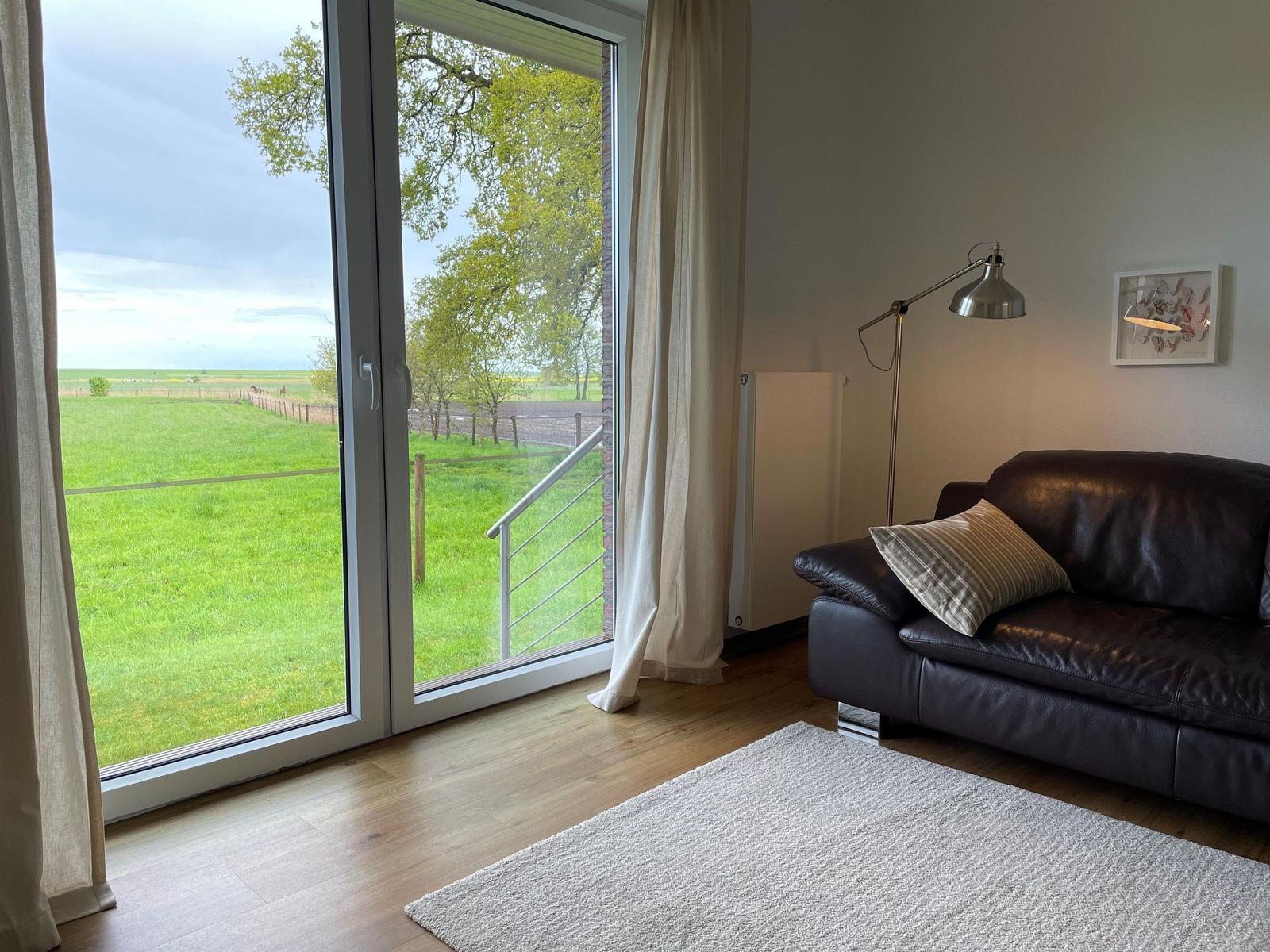 Ein Wohnzimmer mit braunem Ledersofa, großem Fenster und Blick auf grünes Feld.