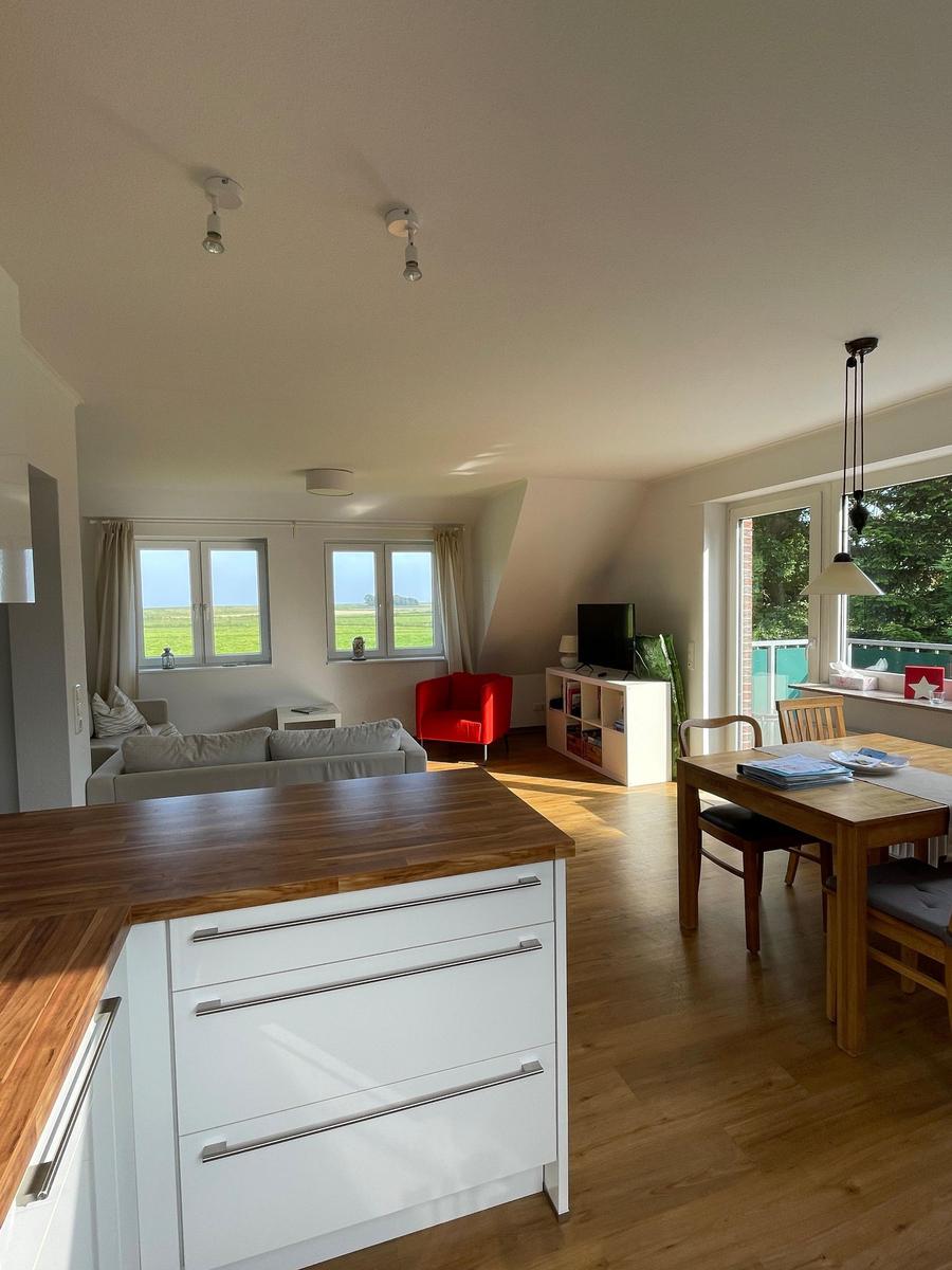 Wohn- und Essbereich mit Kücheninsel, Sofa, rotem Sessel und Blick auf Felder.