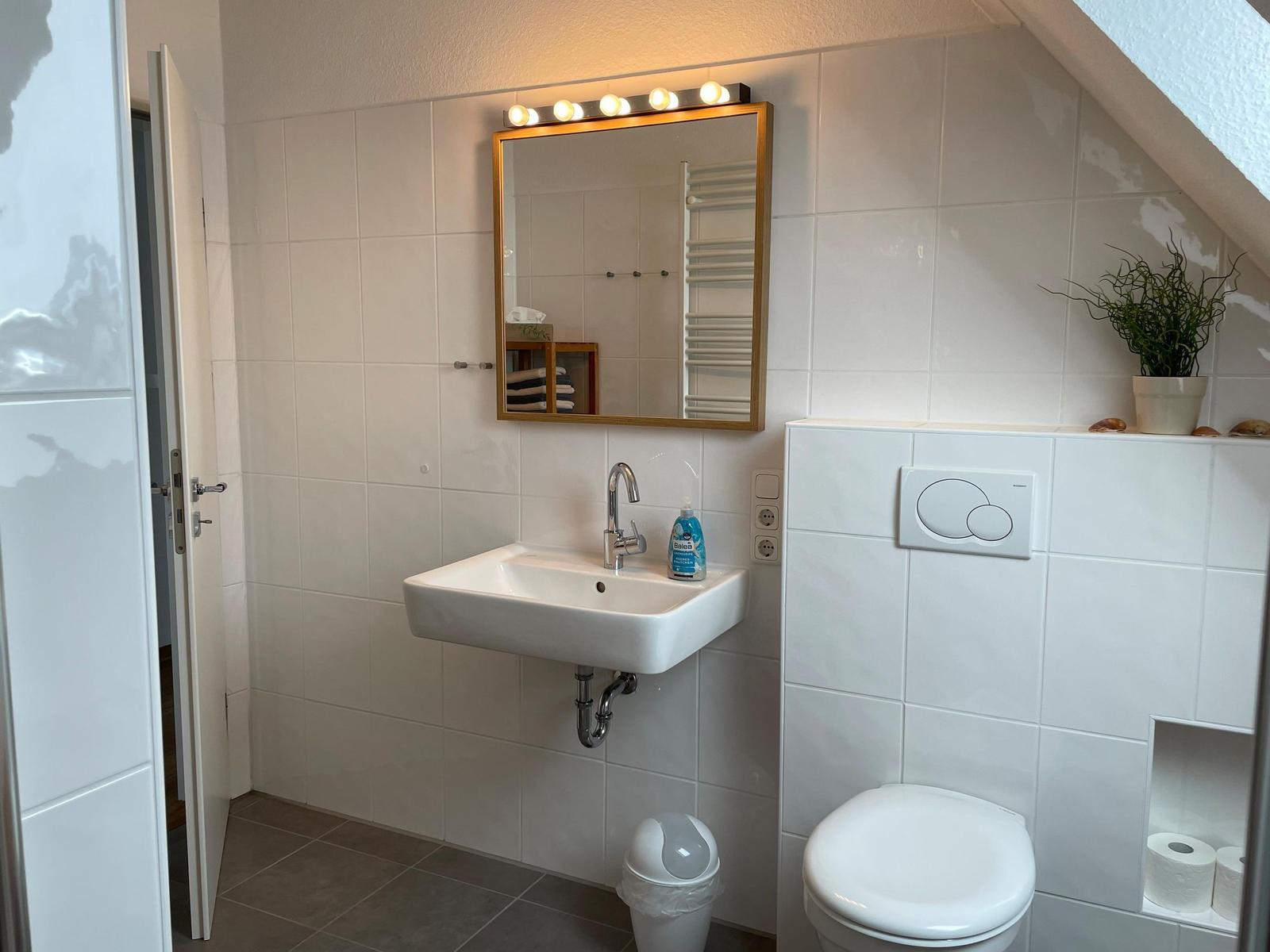 Badezimmer mit Spiegel, Waschbecken und WC. Weiße Fliesen und kleine Pflanze.