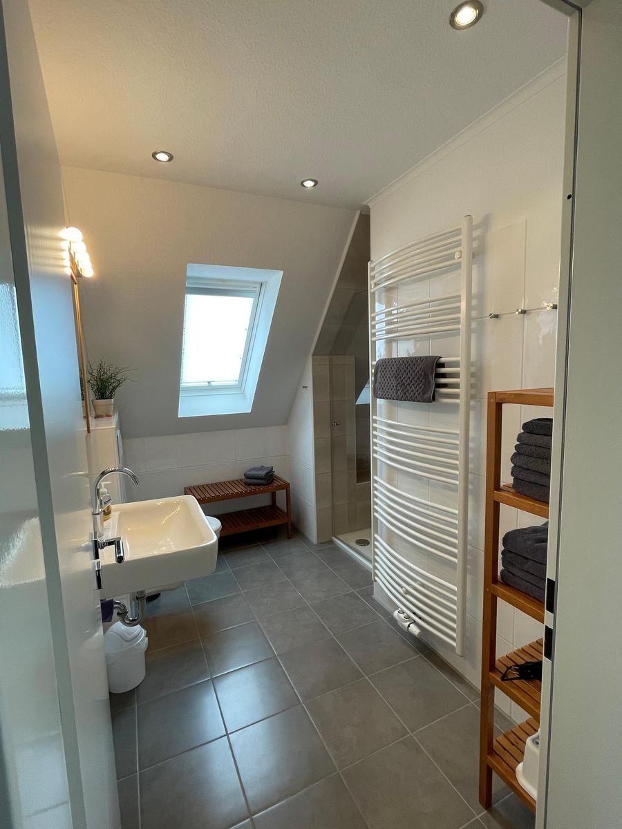 Badezimmer mit Dusche, Handtuchhalter und Waschbecken unter Dachfenster.