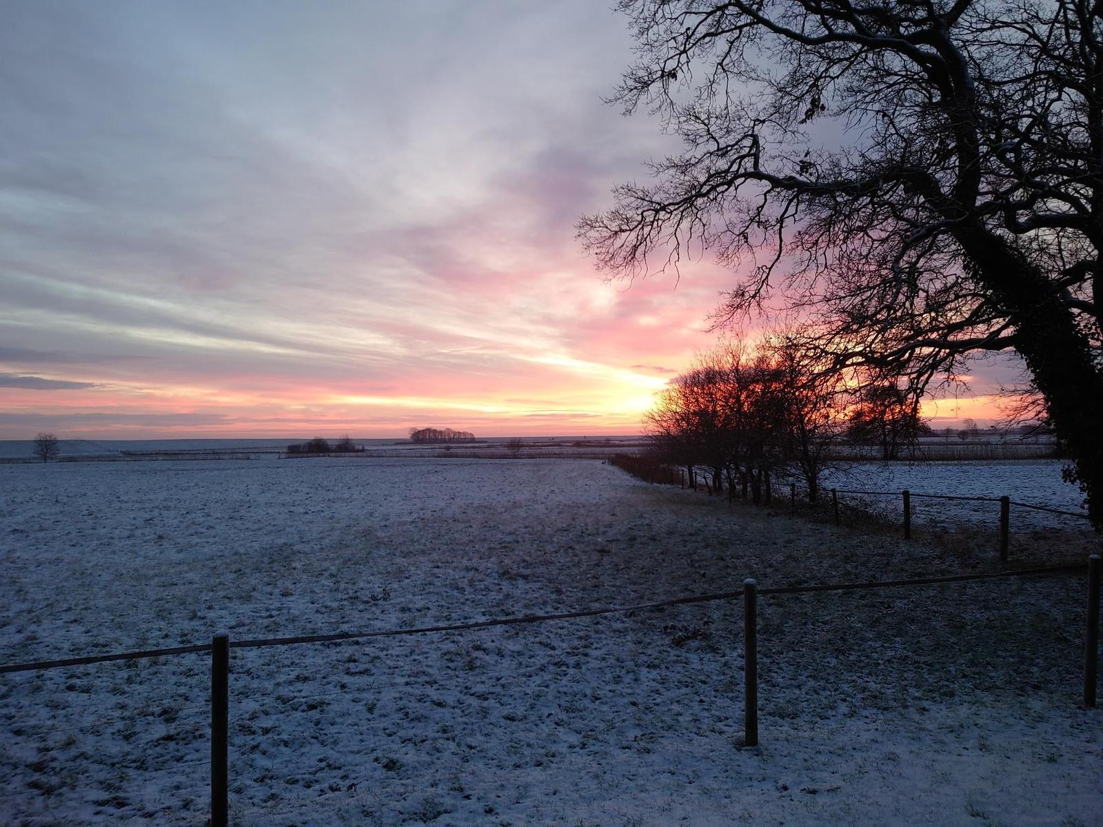 Schneebedecktes Feld bei Sonnenuntergang mit Bäumen und Zaun im Vordergrund.