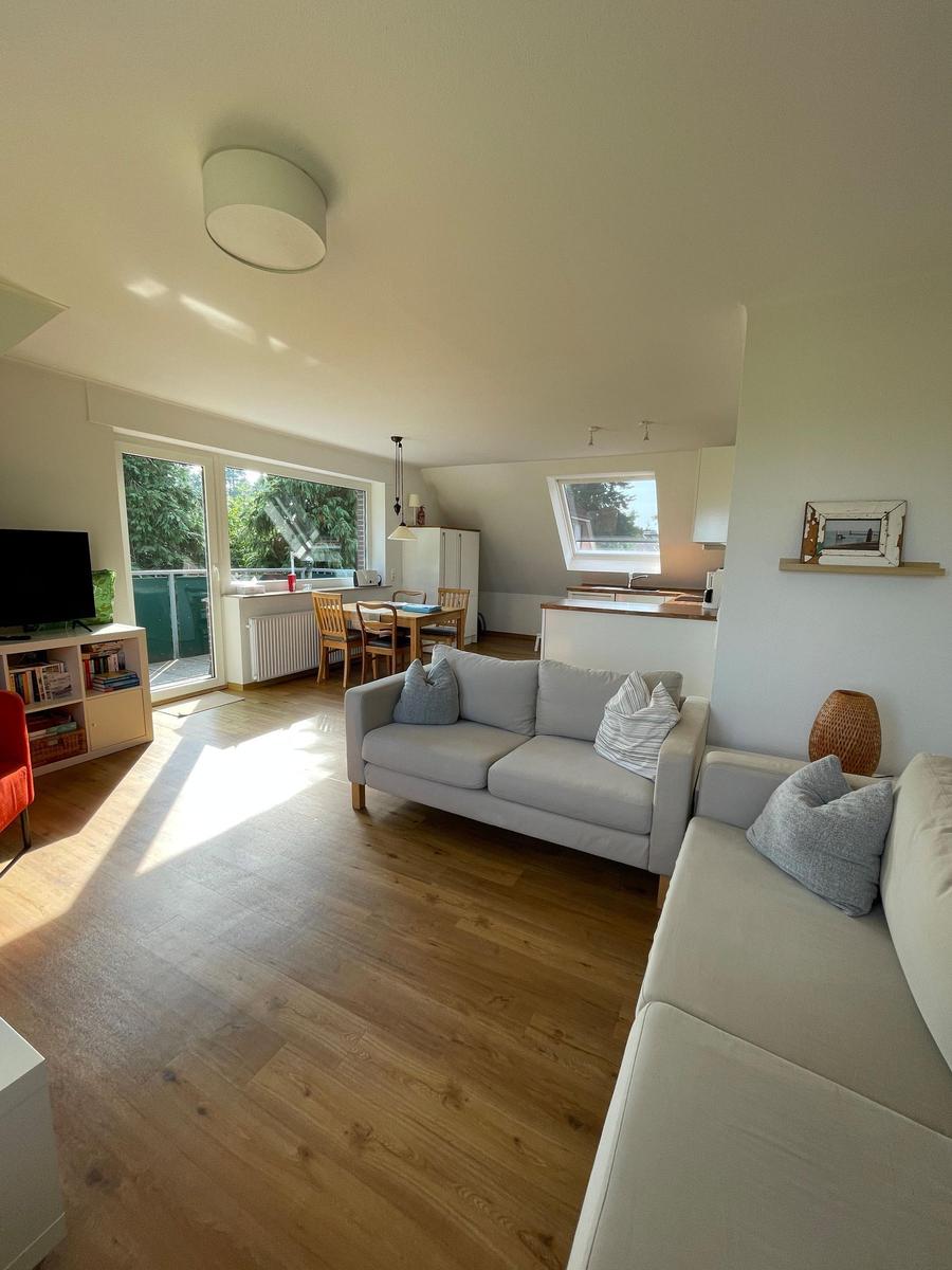 Wohn- und Essbereich mit Sofa, TV und Terrasse. Holzboden und Fenster.