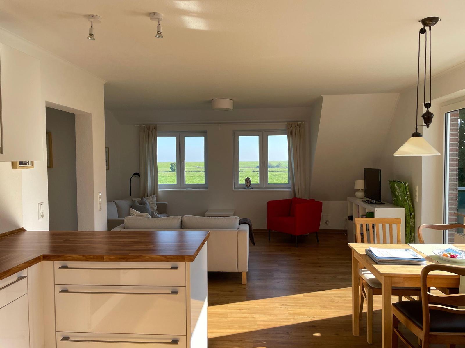 Wohnung mit Küche, Essbereich und Wohnzimmer mit Blick auf grüne Felder.