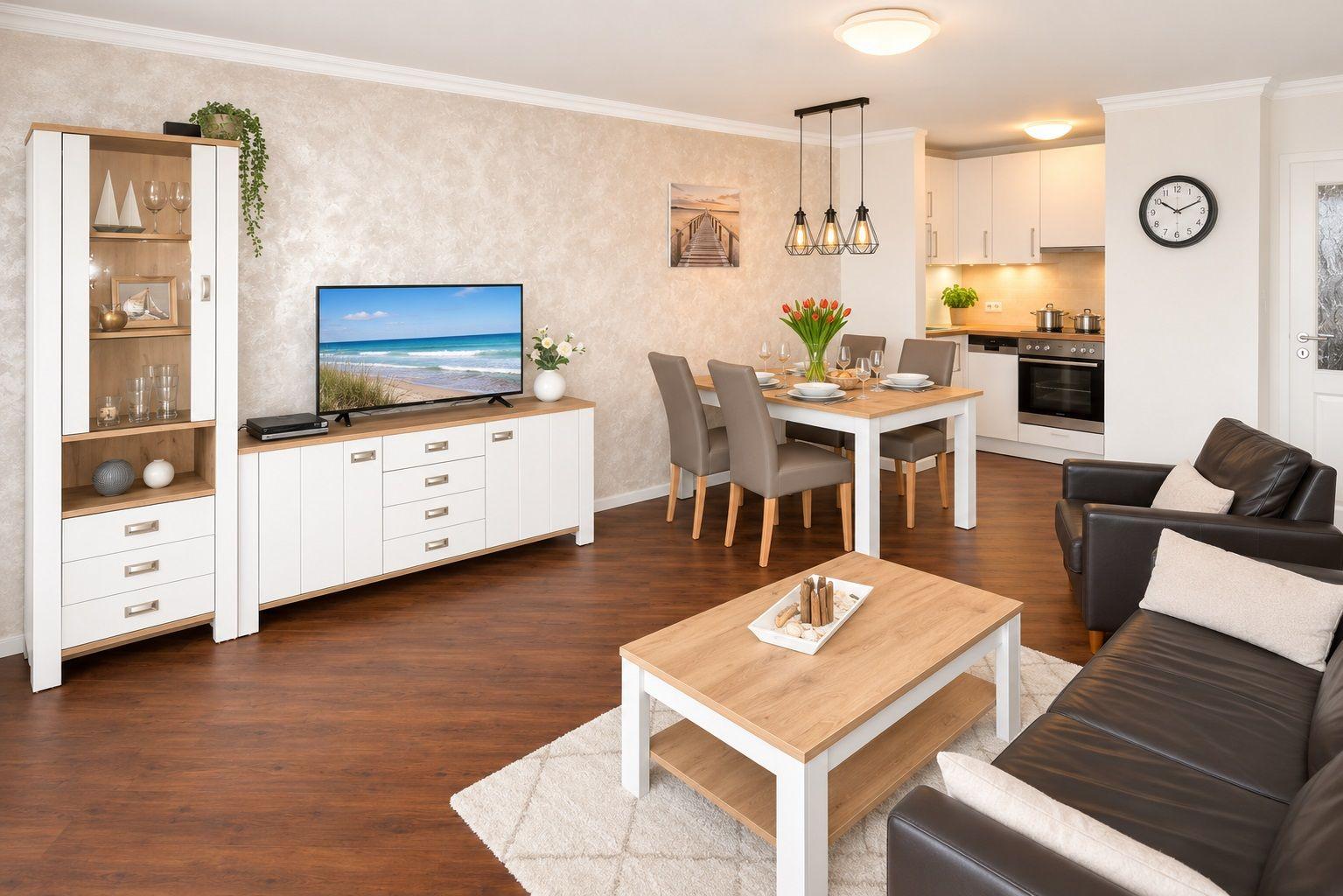 Wohnzimmer mit Essbereich und Küche. Fernseher, Couch, Tisch und Stühle.