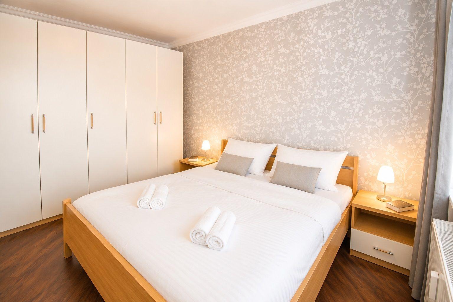 Schlafzimmer mit Doppelbett, Nachttischen und Kleiderschrank. Wand mit floraler Tapete.