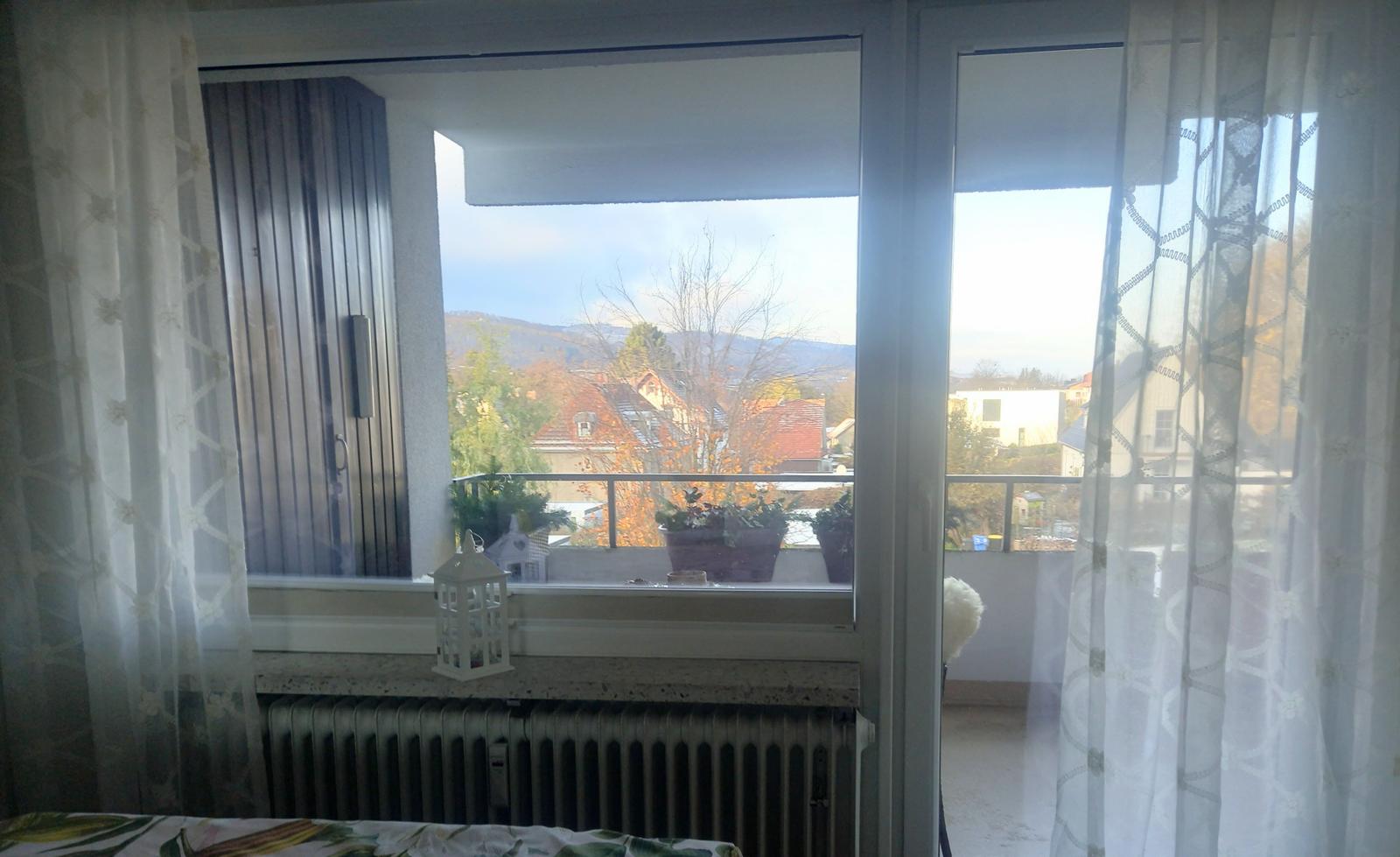 Blick aus dem Schlafzimmer auf den Balkon