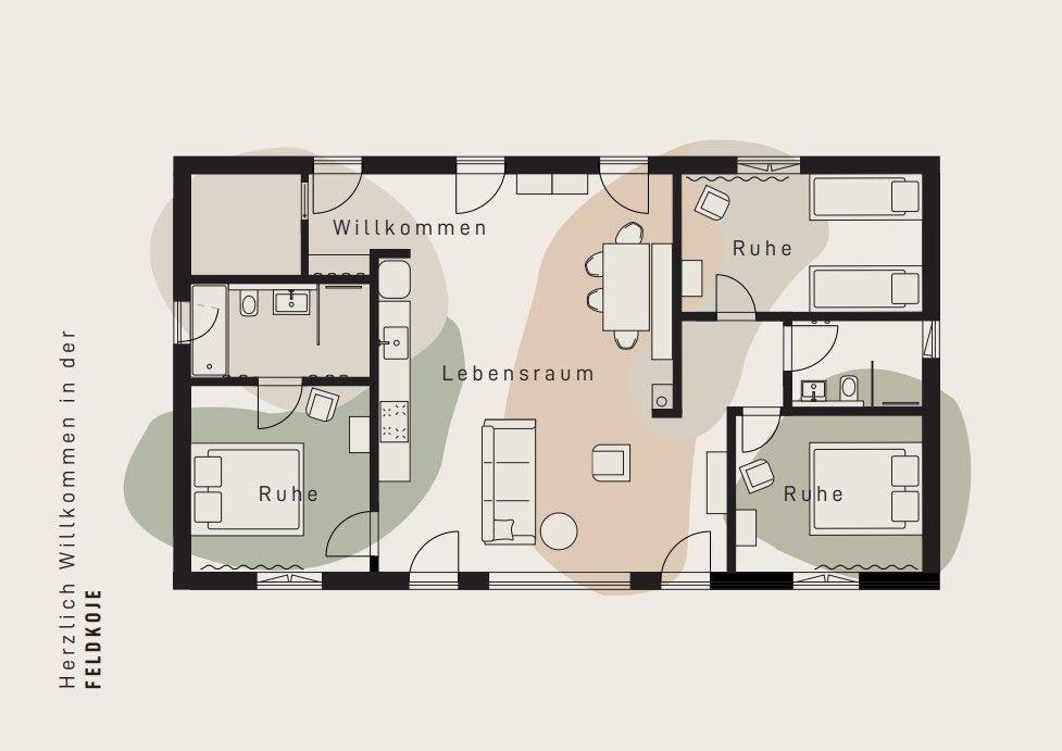 Willkommenbereich, Lebensraum, Essbereich und drei Schlafzimmer mit Badezimmer.