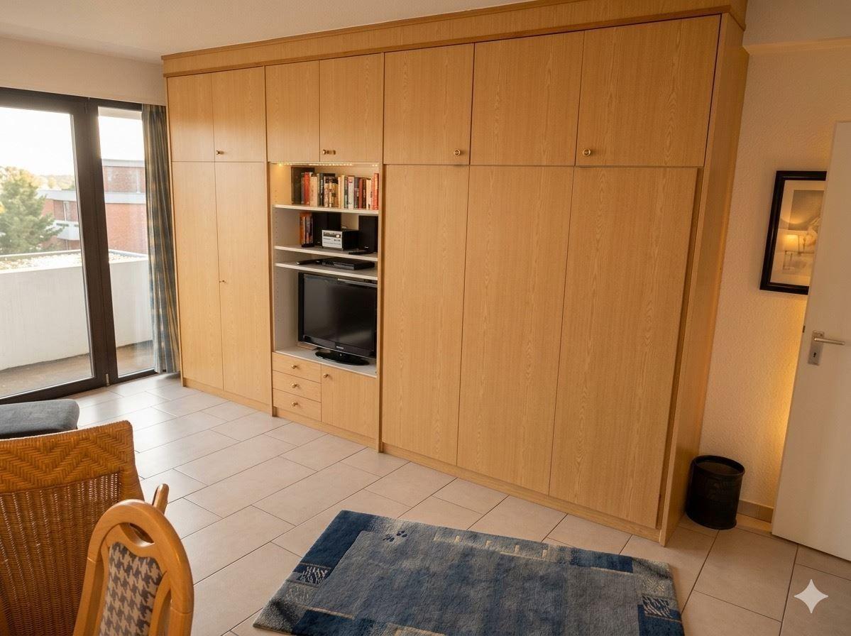 Wohnzimmer mit Holzschrank, Fernseher und Balkonzugang.