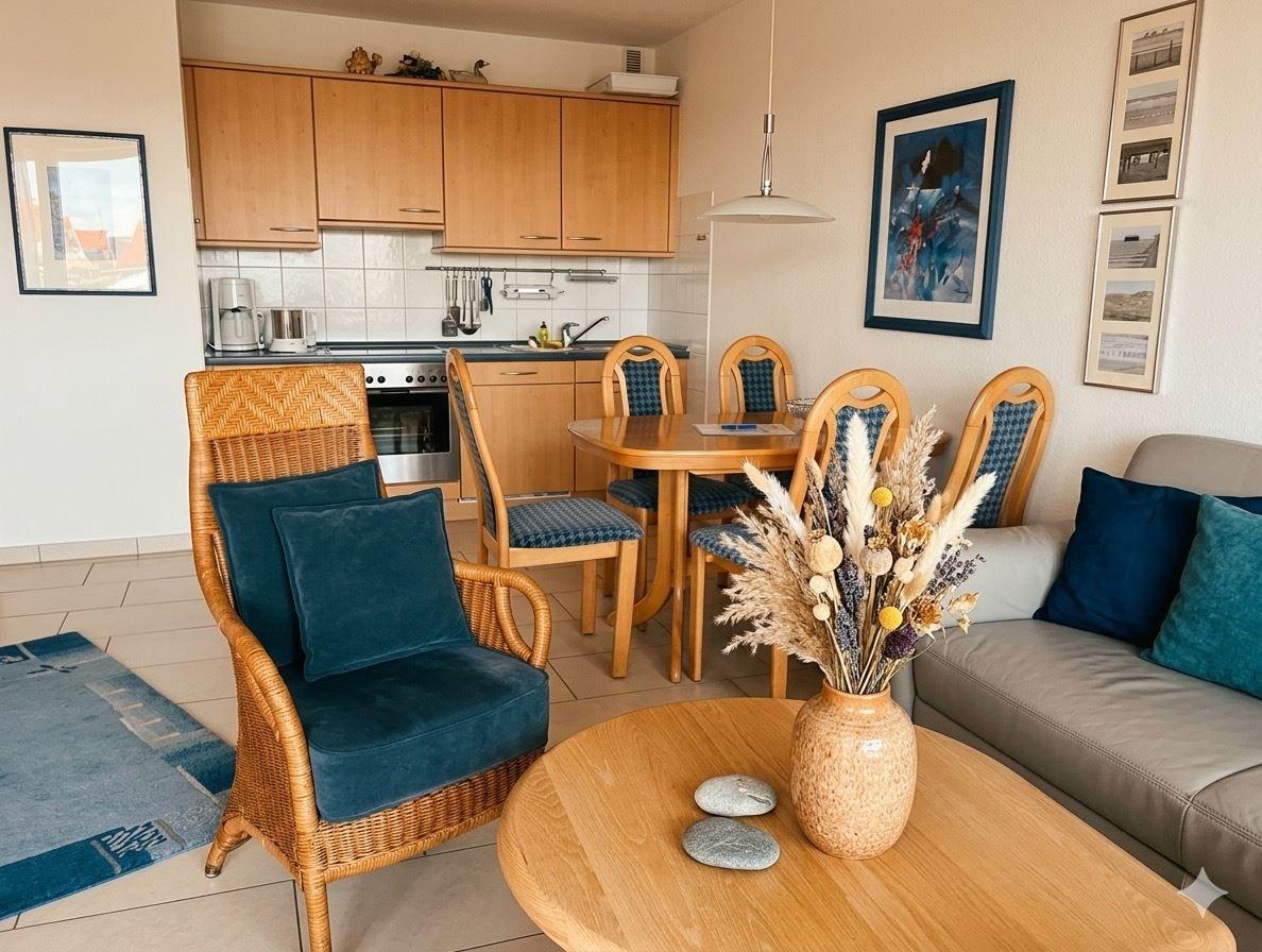 Wohnbereich mit Küchenzeile, Esstisch und Sofa. Holzmöbel und Blumenarrangement.