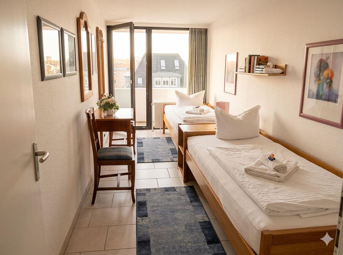 Zwei Einzelbetten, Tisch mit Stuhl, Balkon und Wandbilder