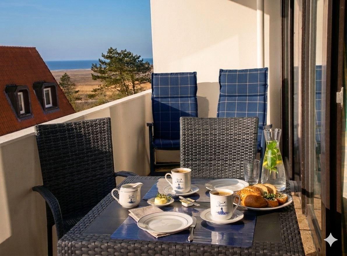 Balkon mit Tisch, Stühlen und Meerblick. Frühstückstablett mit Kaffee und Brot.